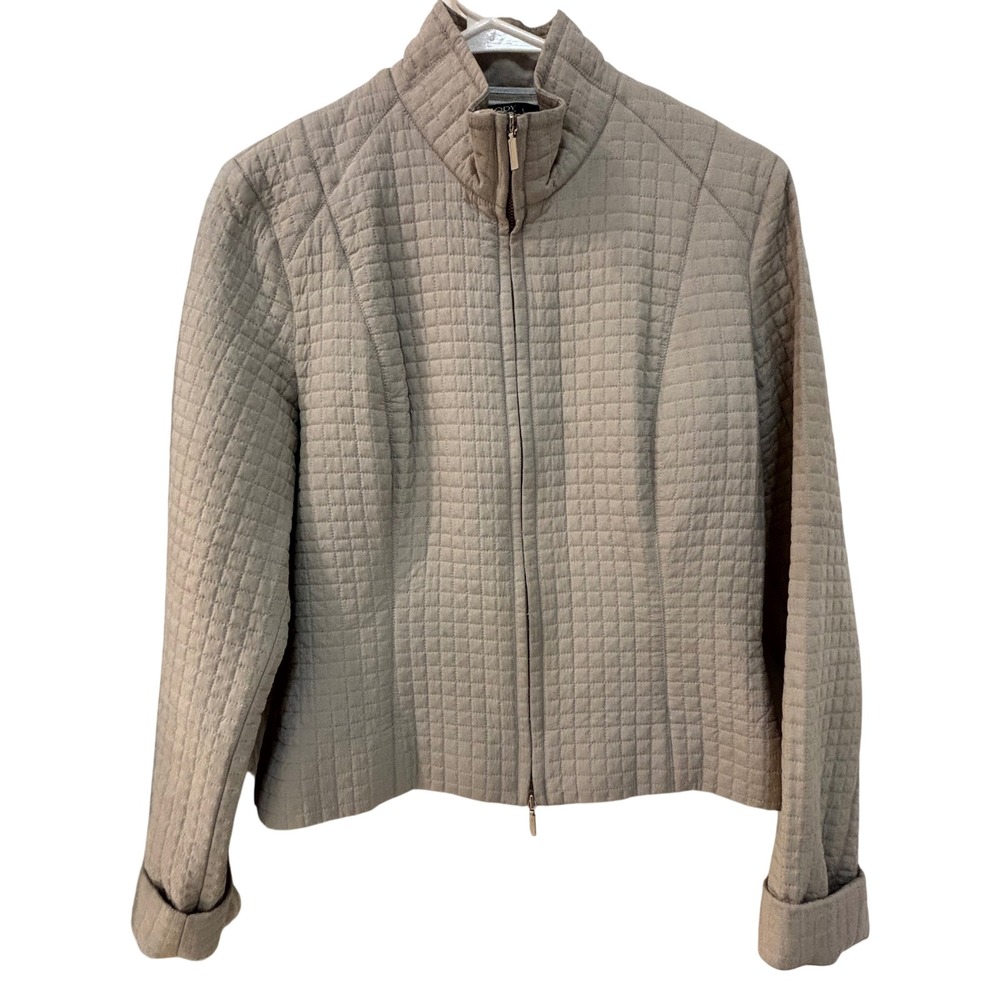 Body by Victoria Quilted 100% Silk Jacket Taupe Mock Neck Zip Up Womens Size 12